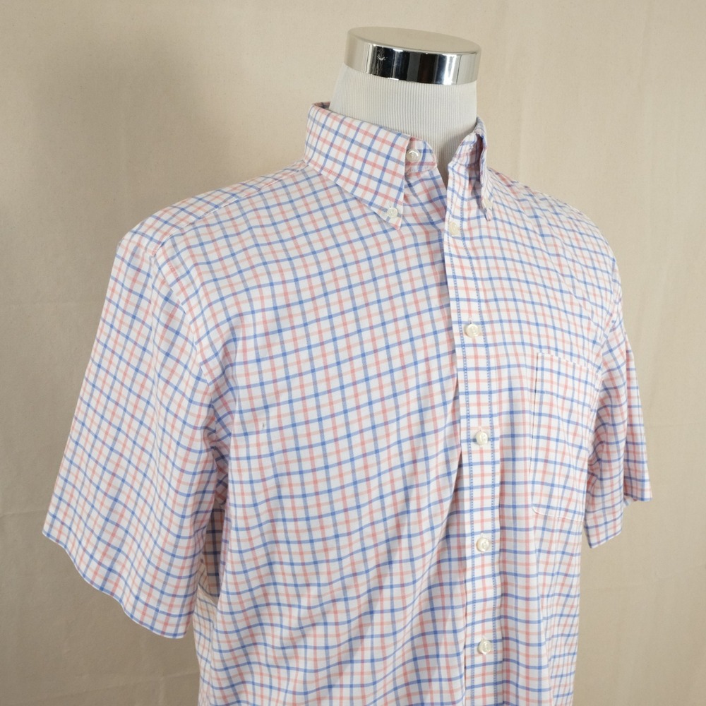 Stafford 16 Regular Fit  Wrinkle Free Oxford Dress Shirt Orange Blue Plaid Mens